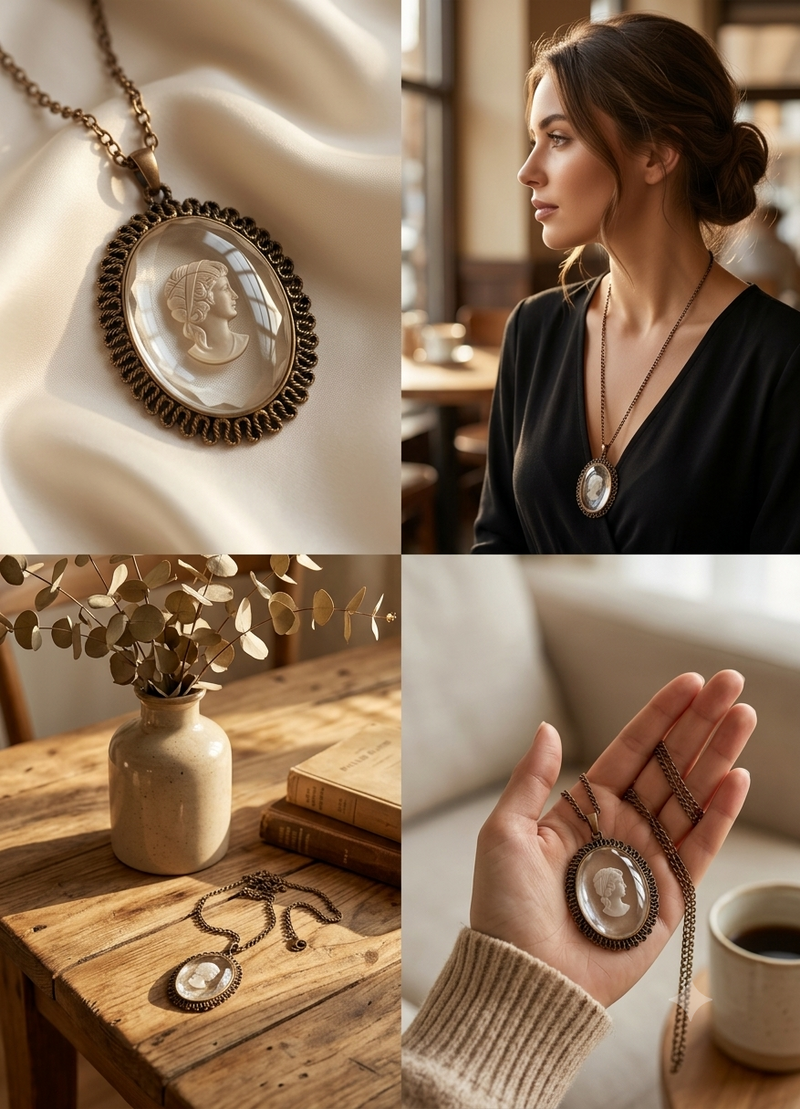 Lucite Lady Portrait Necklace. 28” long