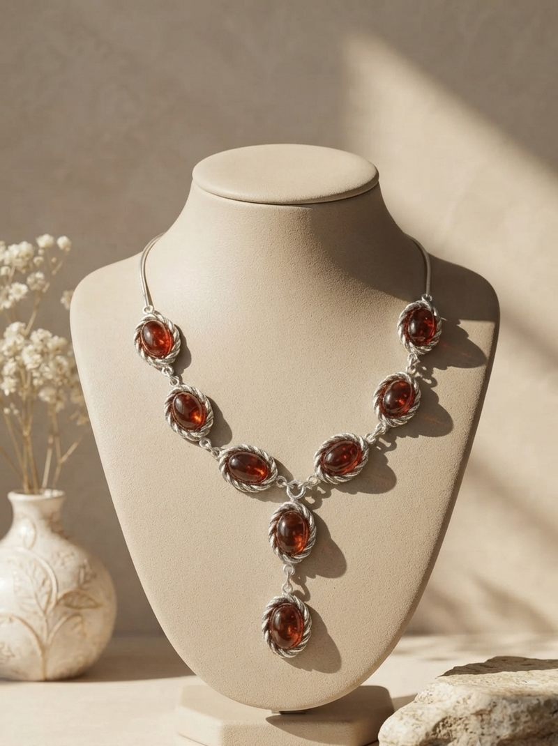 Elegant Silver with Amber Stones 28” long