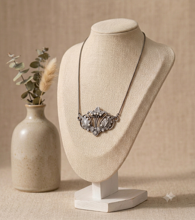 13" Antique Sterling Silver Floral Necklace