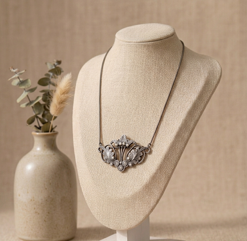 Sterling silver  Floral Pendant / pin necklace 13” long