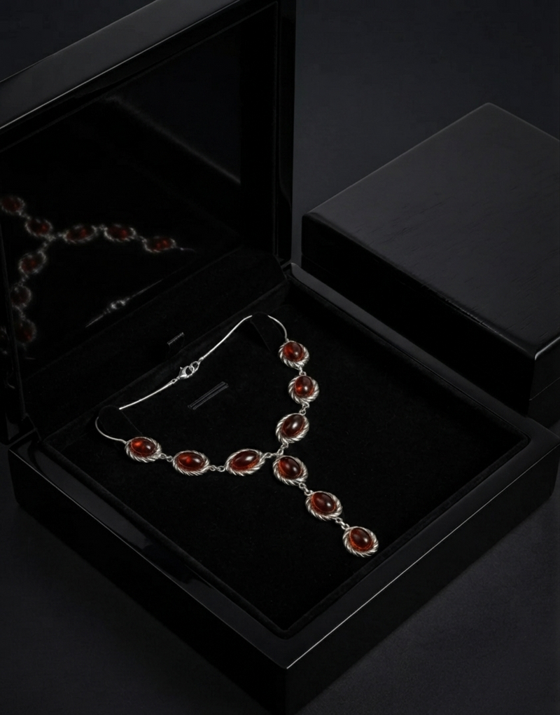 Elegant Silver with Amber Stones 28” long