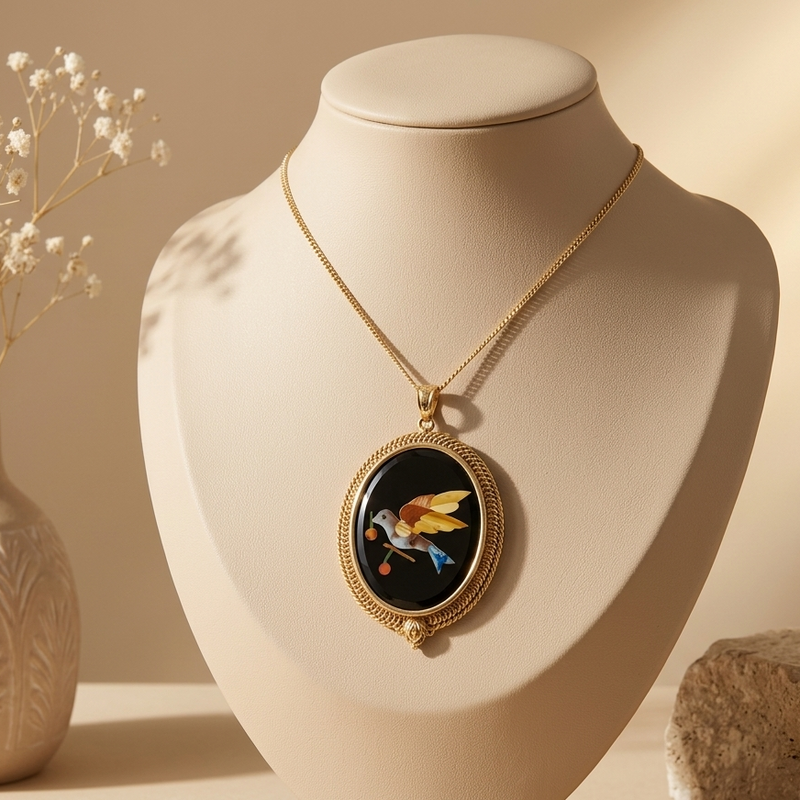 Victorian 14k Pietra Dura Necklace 19” long - pendant - 1-3/8” x 1-1/8”