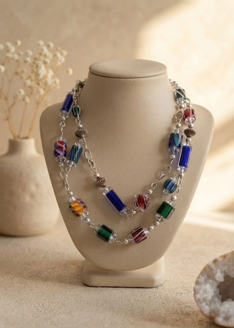 Sterling Silver Glass Beaded Necklace – Colorful and Elegant Silver Jewelry 22” long