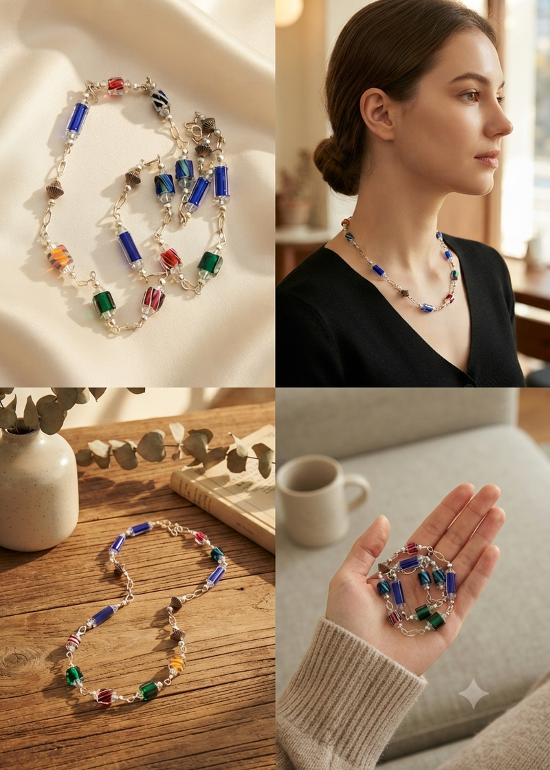 Sterling Silver Glass Beaded Necklace – Colorful and Elegant Silver Jewelry 22” long