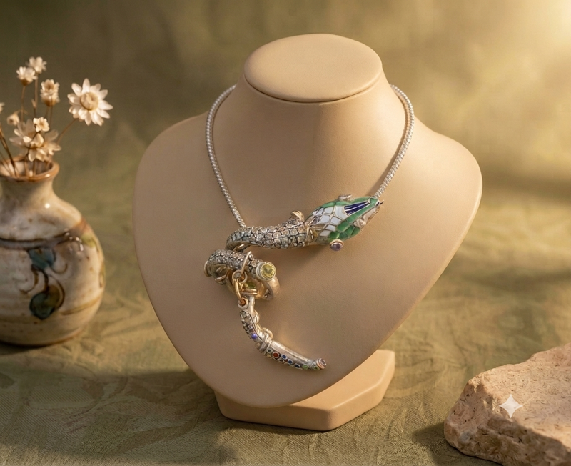 Sterling silver & Enamel snake necklace 21” long