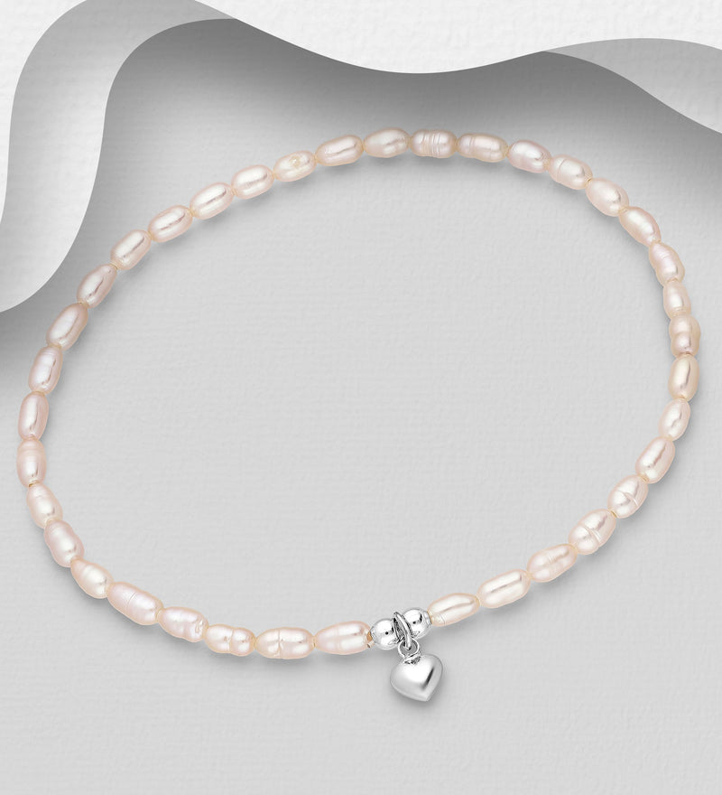 Sterling Silver Heart Elastic Bracelet, Beaded with Freshwater Pearls