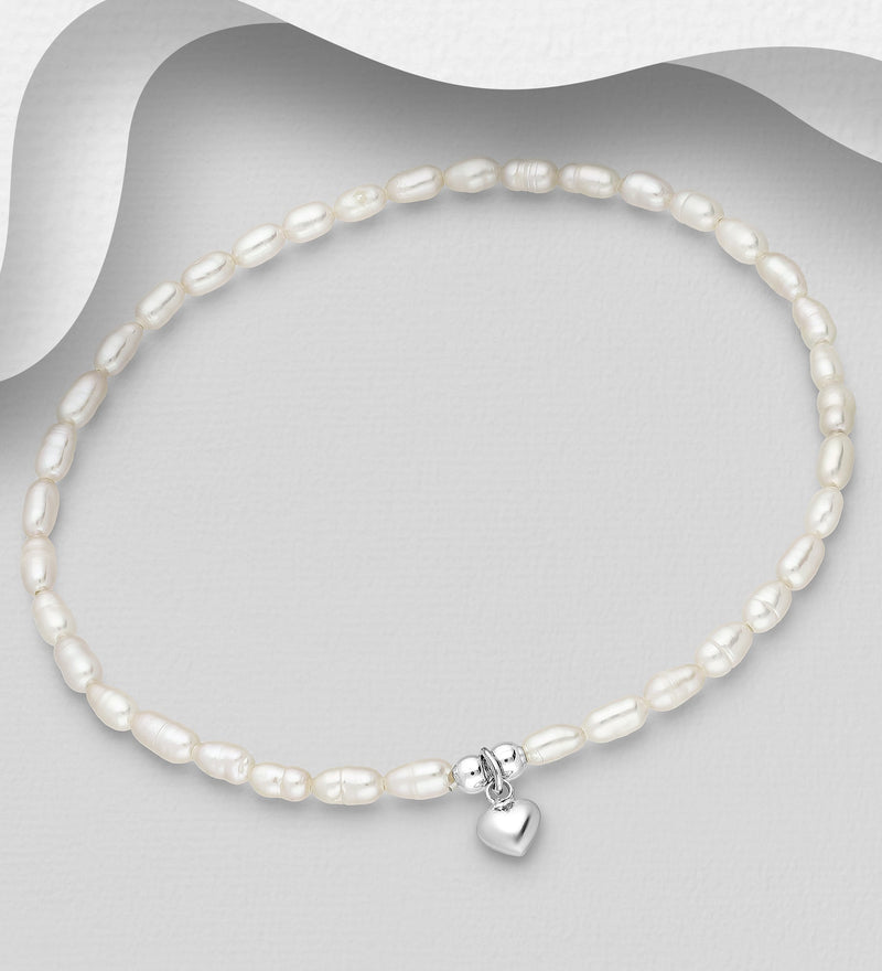 Sterling Silver Heart Elastic Bracelet, Beaded with Freshwater Pearls